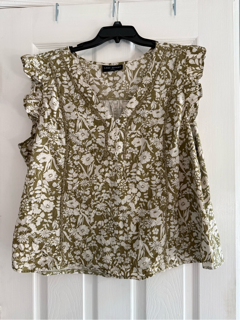 Lane Bryant Olive and White Floral Ruffle-Sleeve Camisole